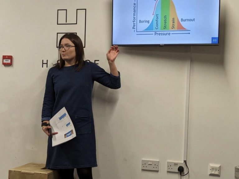 Hannah standing in front of a television screen showing the performance / pressure curve. Teaching a stress management workshop. 